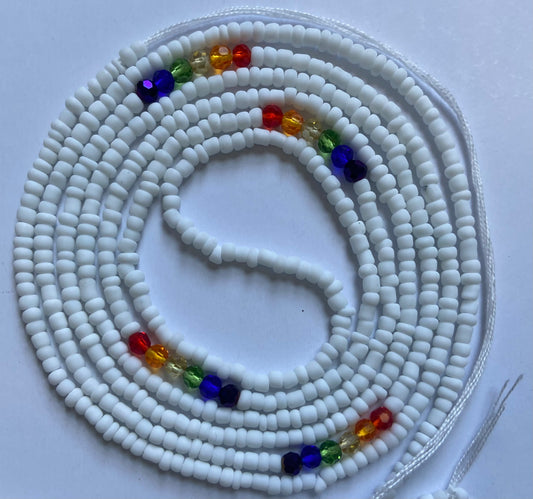 White seed beads with red orange yellow green blue and purple crystals